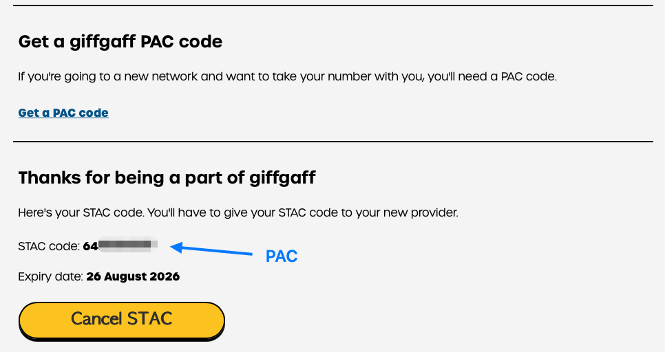 giffgaff 页面中的 Get a PAC code 入口，以及下方显示 STAC code 的错误示范